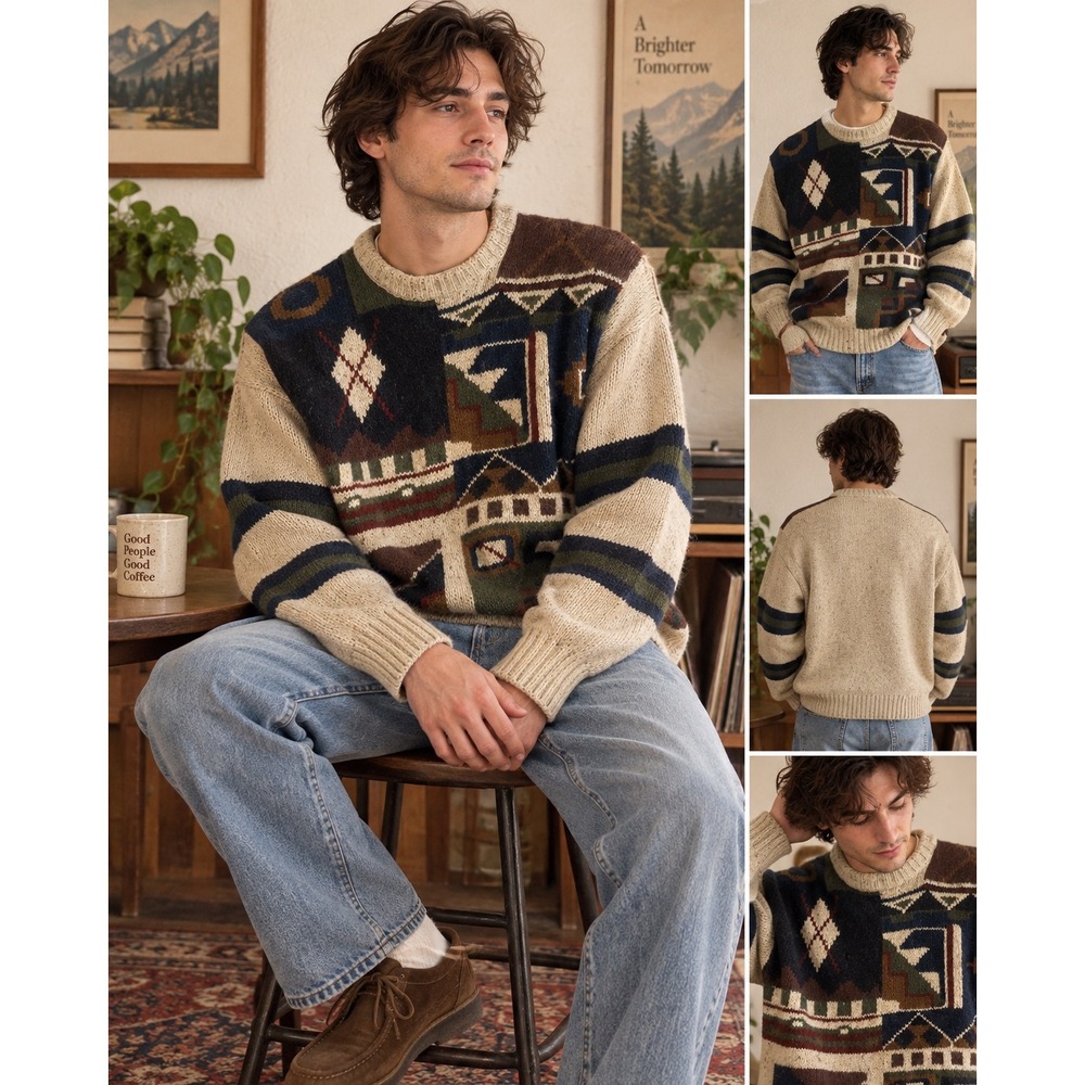 Vintage 90s Cattivo Studio Men L Wool Blend Geometric Grandpa Sweater Abstract